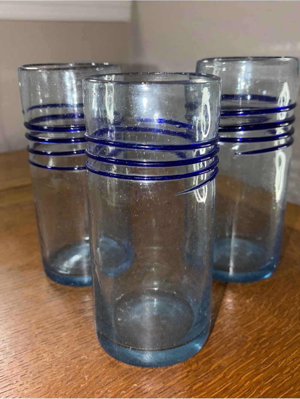 Set of 3 Vintage Hand Blown Glass Tumblers with Applied Blue Glass Swirls 6 1/2”